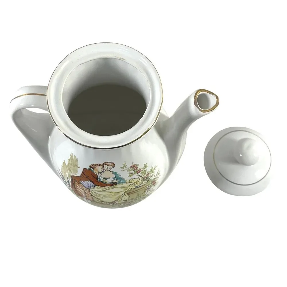 Vintage FP Zajecar Coffee Tea Pot Watteau Courting Couple Yugoslavia Gold Gild